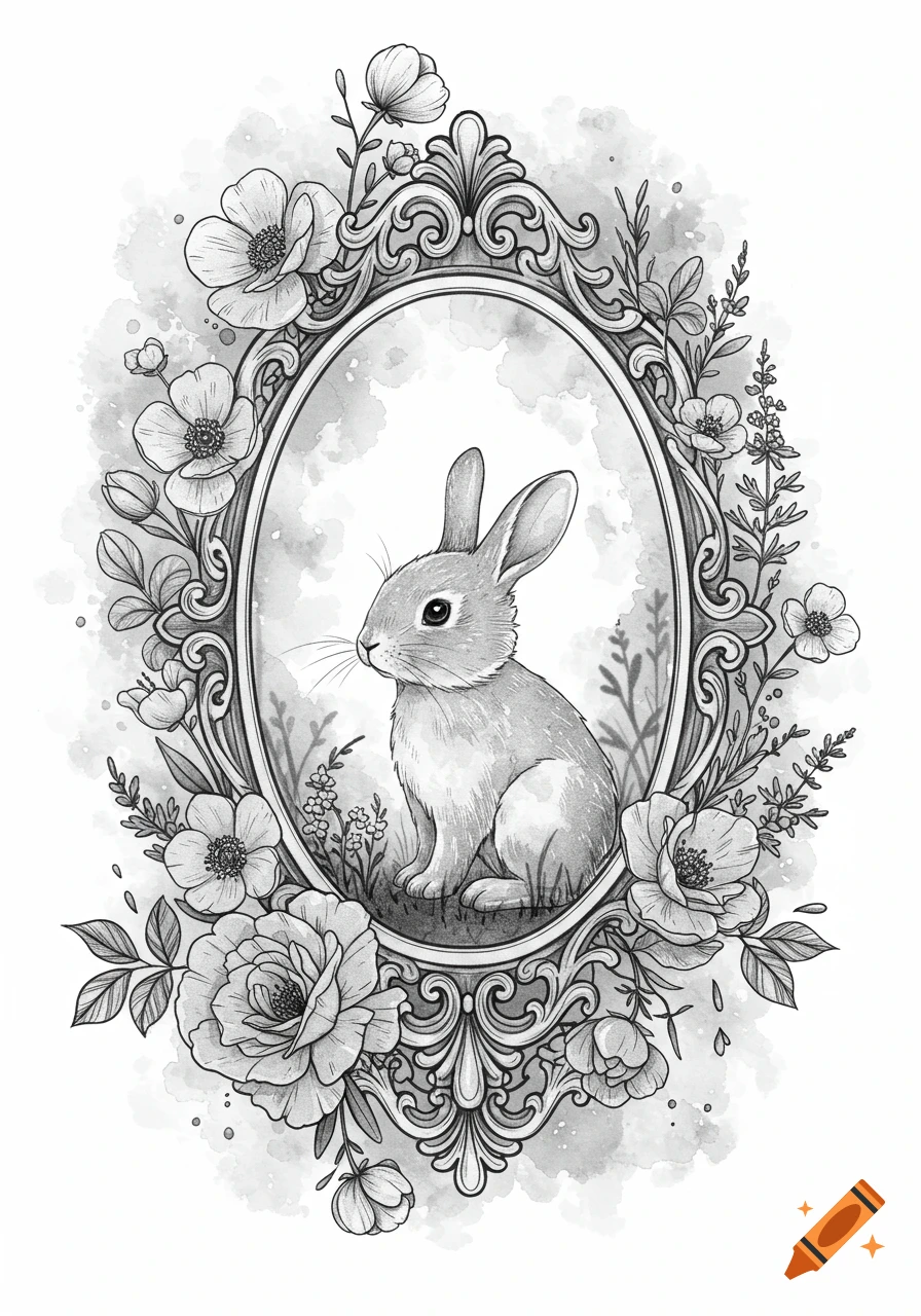 A black and white watercolor illustration of a rabbit in an ornate floral oval frame.