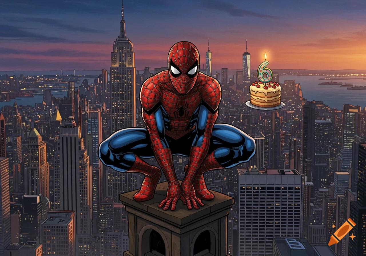 Spider-Man crouches on a rooftop overlooking a New York City sunset, next to a birthday cake with a number 6 candle, in comic art style.
