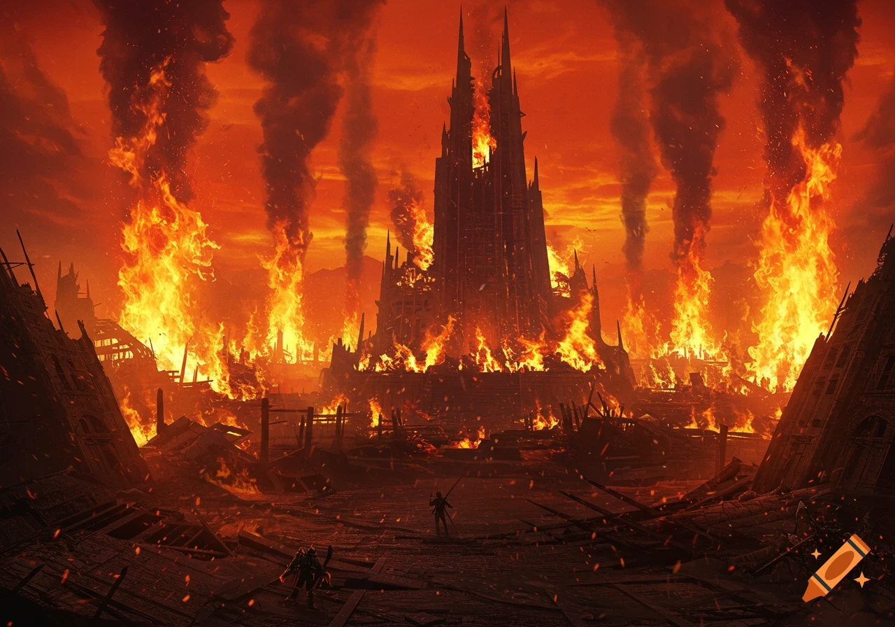 A dark, burning castle stands amidst a fiery, ruined city under an orange sky, with two figures in the foreground.
