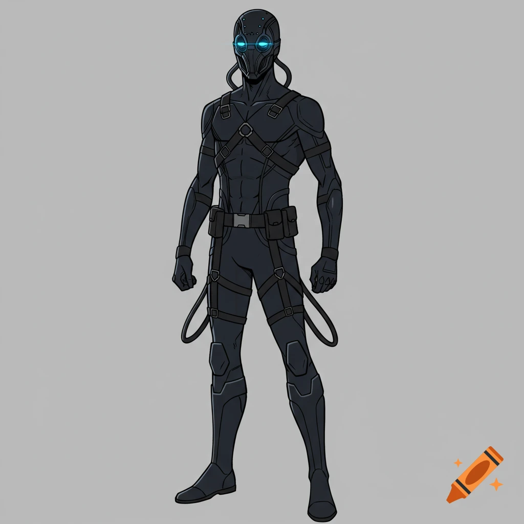 A full-body cartoon illustration of a male superhero in a sleek black suit with glowing blue eyes, a masked helmet, and utility straps, standing on a plain background.