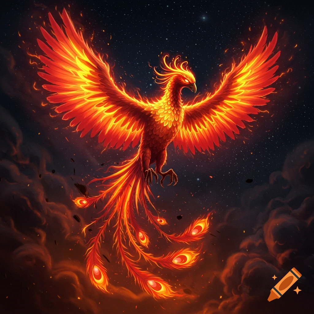 A vibrant, animated phoenix with fiery wings and tail rises from embers against a dark, starry night sky.