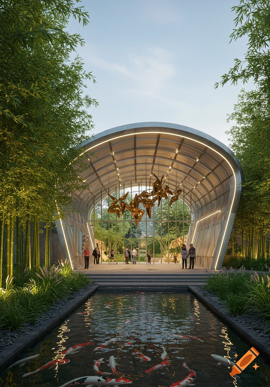 A modern glass building with a curved roof, surrounded by bamboo and a koi pond, with people inside.