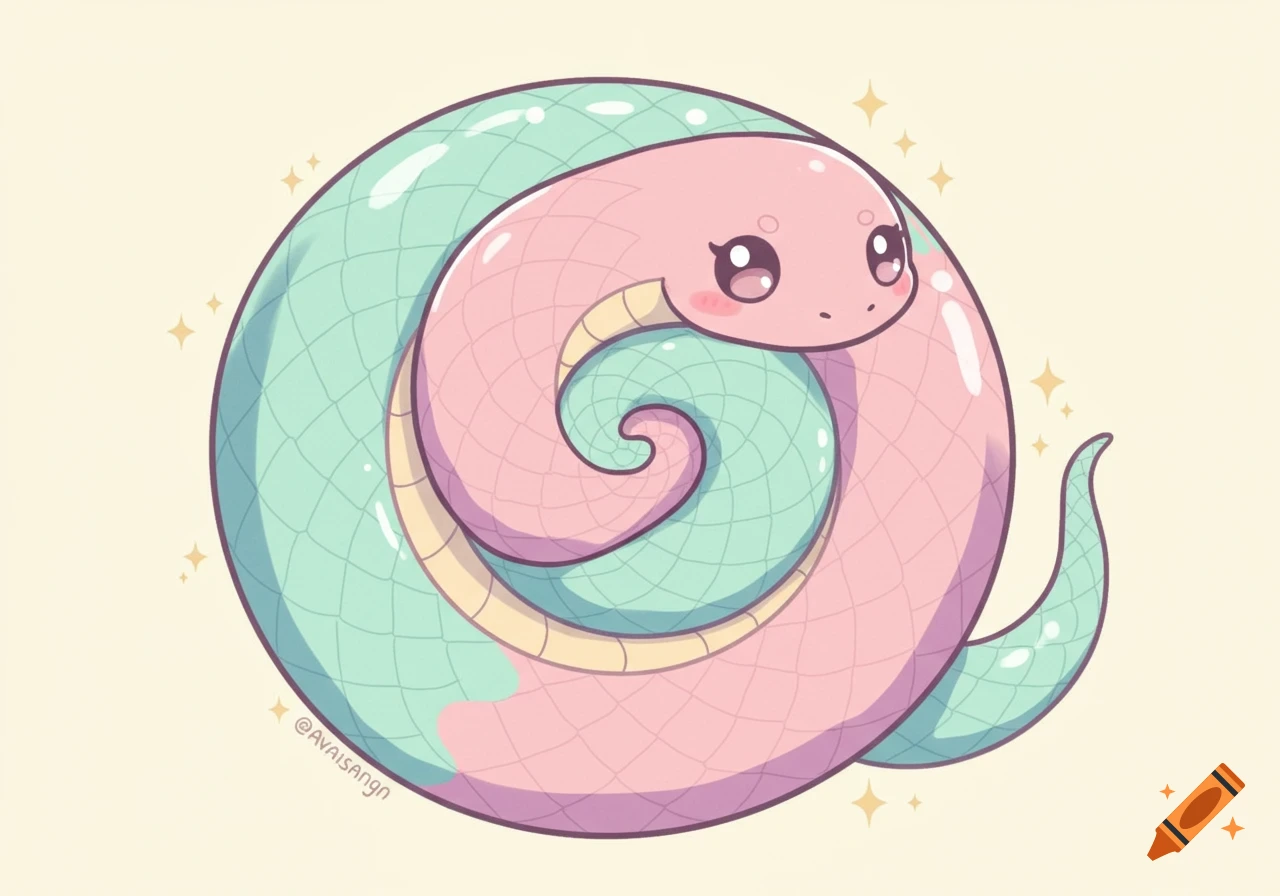 A cute, kawaii pink and mint green snake curled into a Fibonacci spiral, with sparkling effects around it.