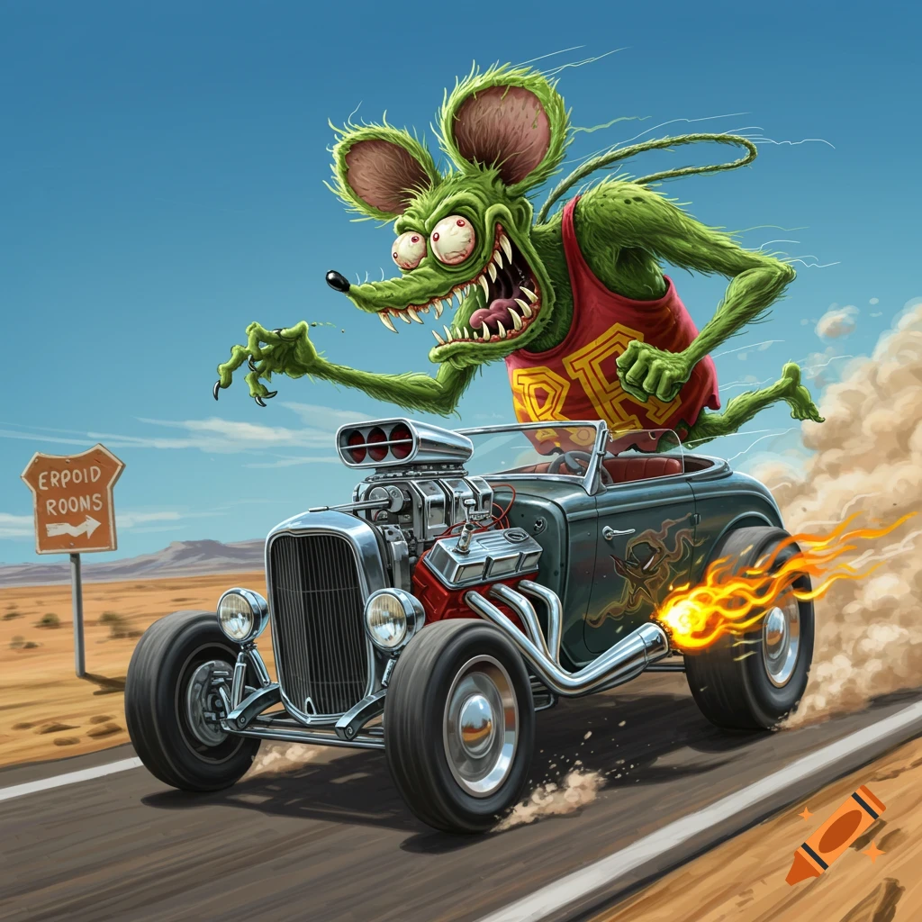 A cartoon green monster, Rat Fink, drives a customized hot rod down a desert highway, with flames shooting from the exhaust.