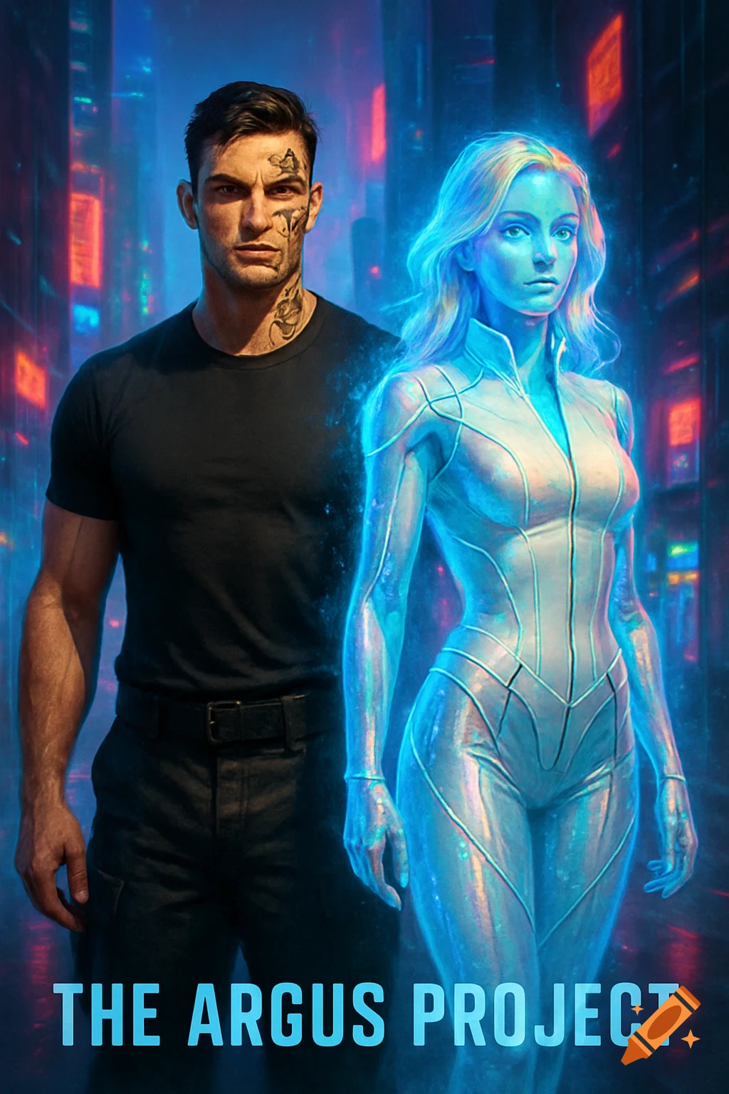 A man and a glowing, holographic woman stand in a futuristic, neon-lit cityscape. Text reads "THE ARGUS PROJECT" at the bottom.
