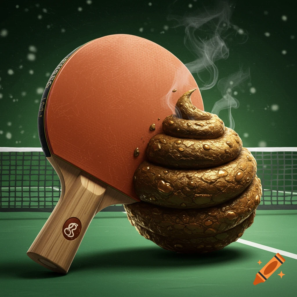 A photorealistic ping-pong paddle with a large, steaming pile of golden dung on its surface, on a green ping-pong table with a net in the background.