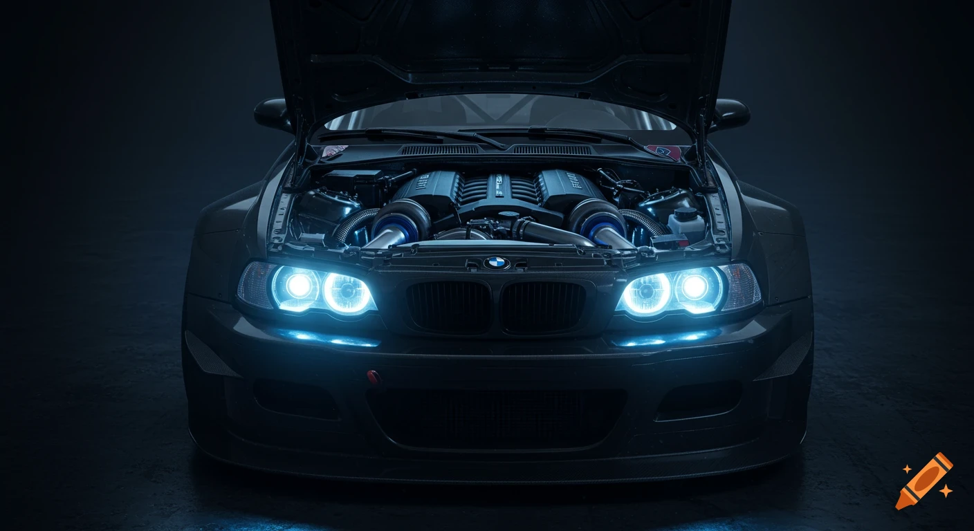Hyper-realistic night shot of a modified BMW M3 GTR E46 race car with an open hood, showcasing a twin-turbocharged V8 engine. Bright blue LED headlights illuminate the dark garage.
