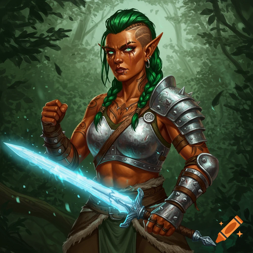 Athletic D&D wood elf barbarian woman with copper skin, green hair, piercings, tattoos, steel armor, holding a glowing blue sword in a forest. Digital art.