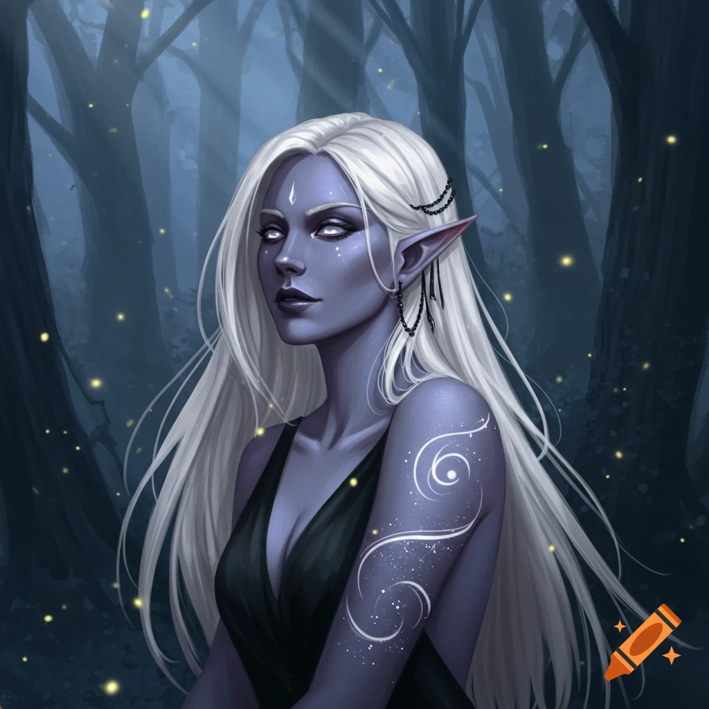 Digital painting of a purple-skinned drow woman with white hair in a dark, ethereal forest with glowing lights.