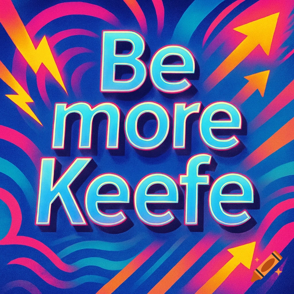 Bold blue text 'Be more Keefe' on a vibrant abstract background with pink, yellow, and blue lines, swirls, lightning bolts, and upward arrows.