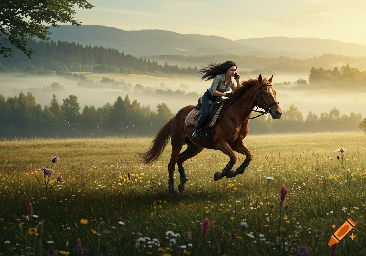 A dark-haired woman rides a brown horse through a grassy field with wildflowers and misty mountains, holding a phone to her ear.