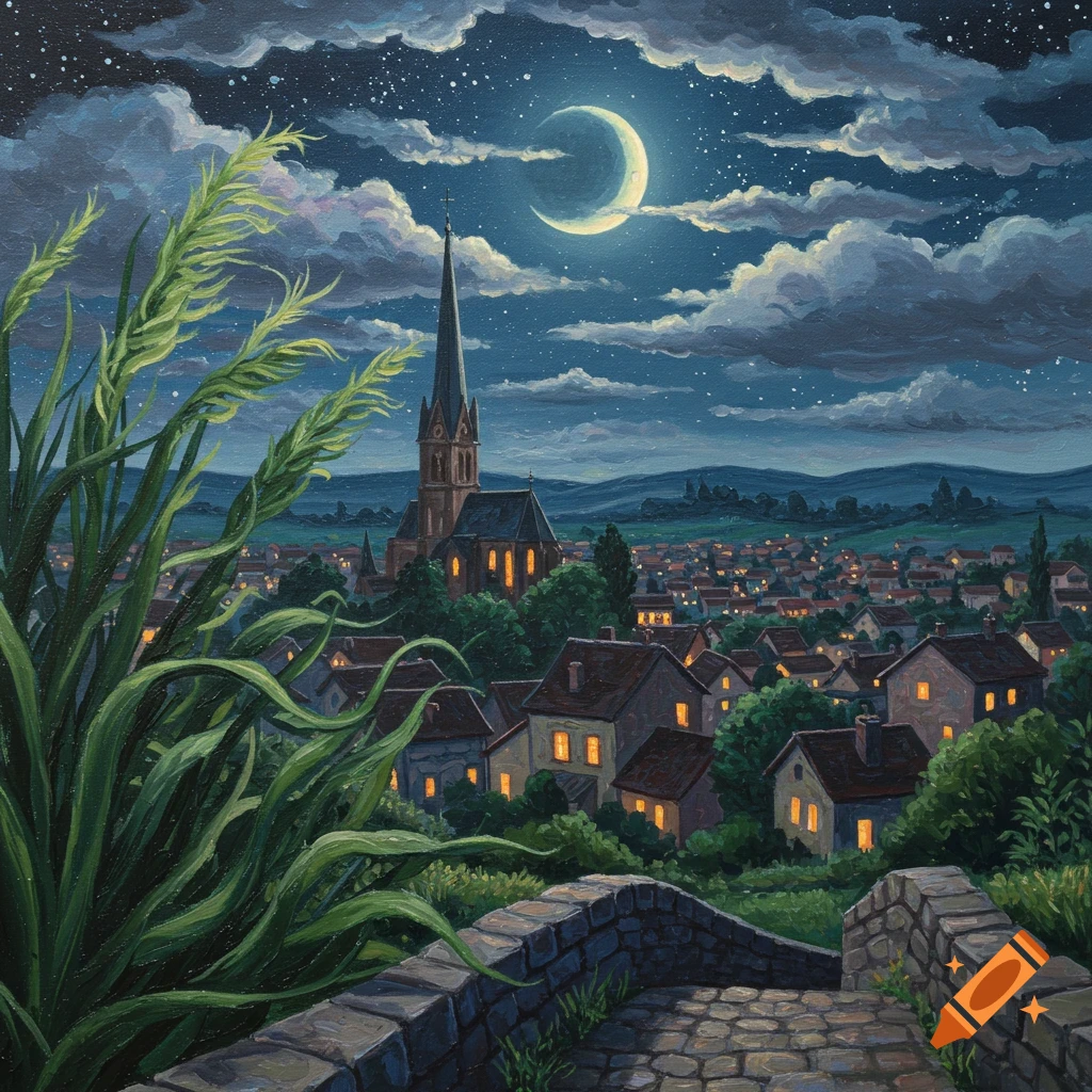 Impressionistic oil painting of a village at night with a church, glowing houses, crescent moon, and a foreground plant and stone path.