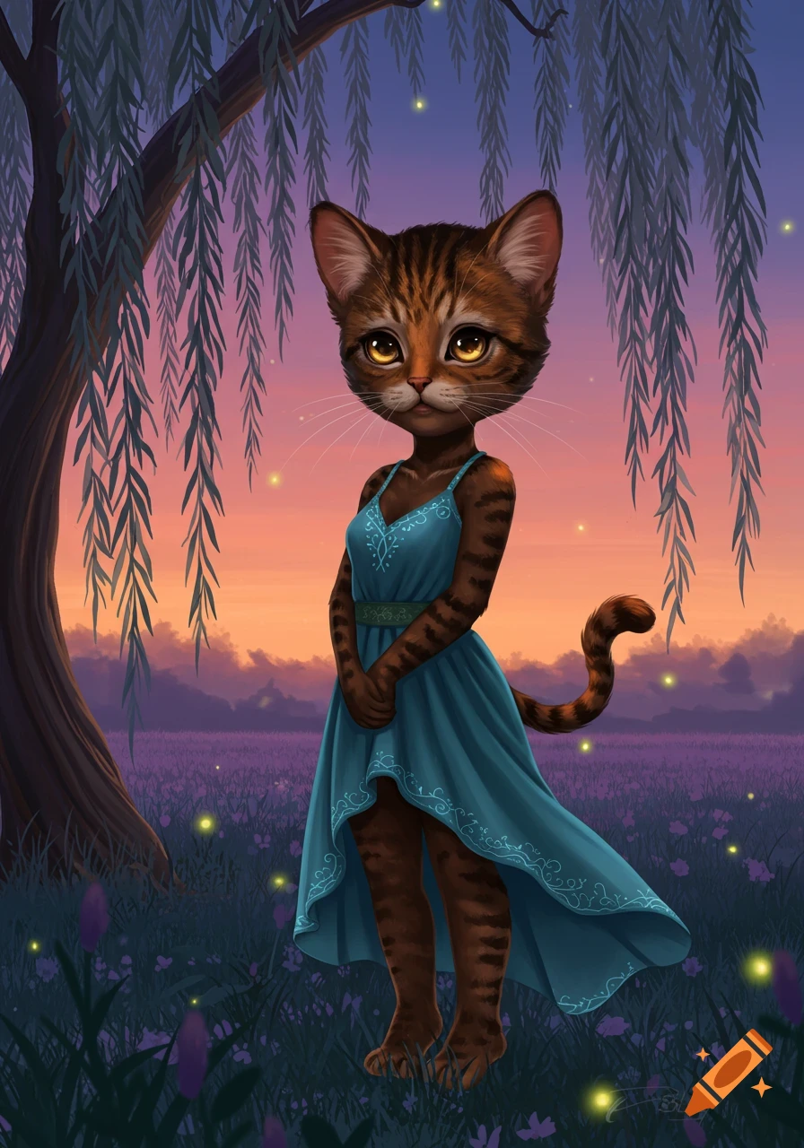 An anthropomorphic cat character in a blue dress stands in a field of purple flowers under a sunset sky.