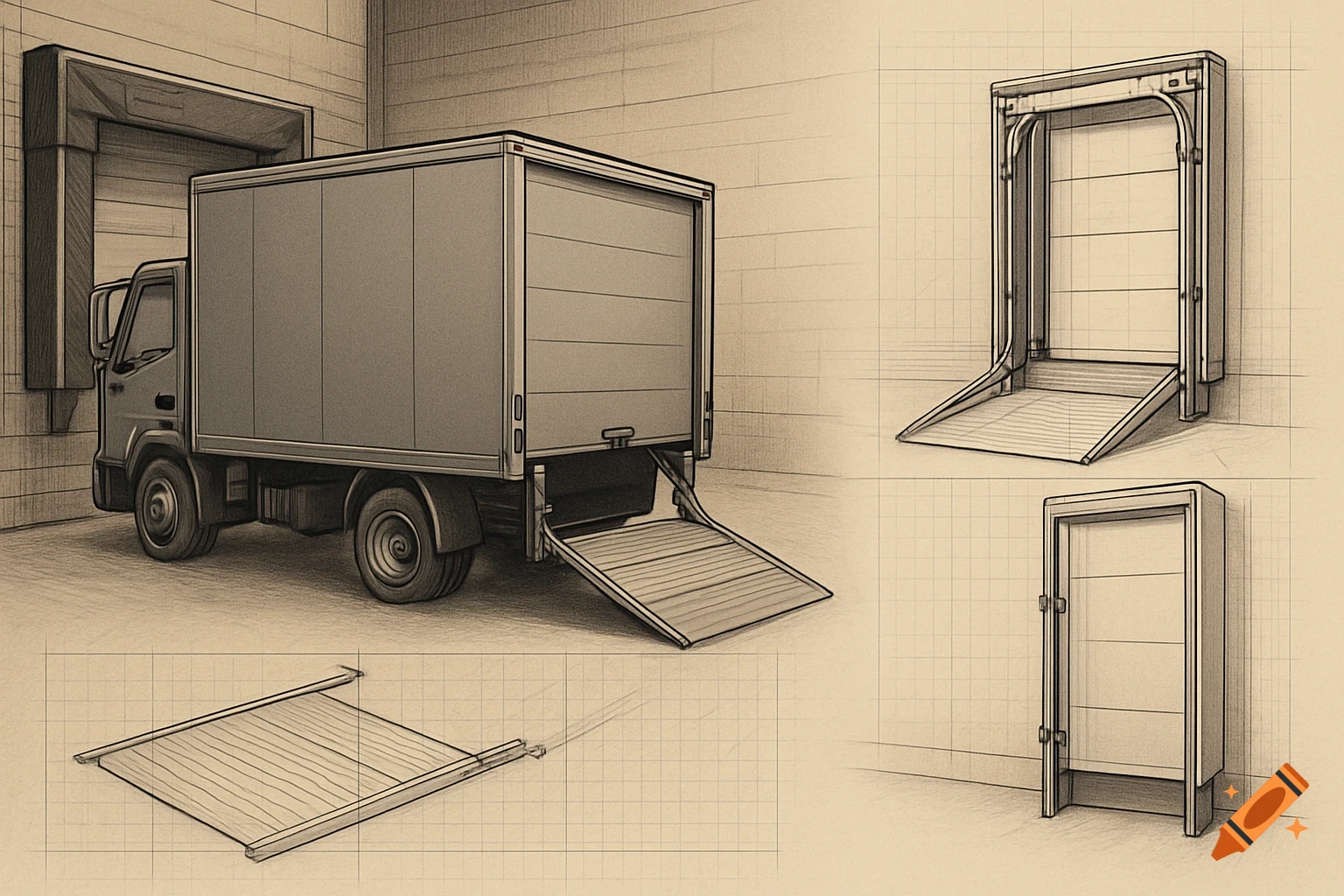 A technical sketch showing a delivery truck with an open bi-folding rear ramp, accompanied by multiple detailed drawings of the ramp mechanism.