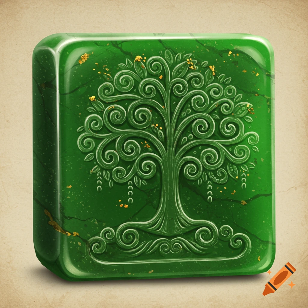 A stylized, embossed tree of life with swirling branches and roots, rendered in deep green jade with gold flecks on a rounded square seal.