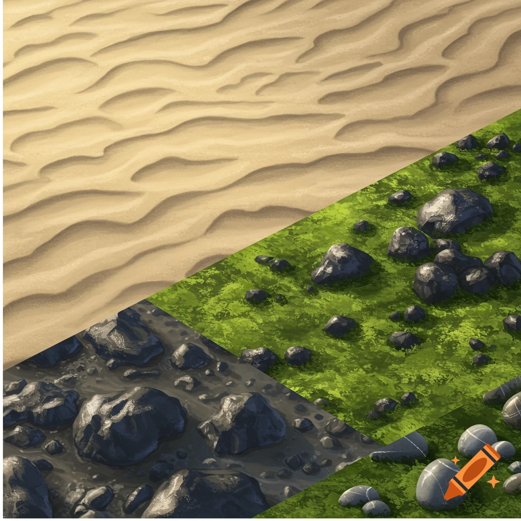 Four stylized terrain textures: sand dunes, rocky grass, muddy ground with rocks, and grey striped rocks on grass.