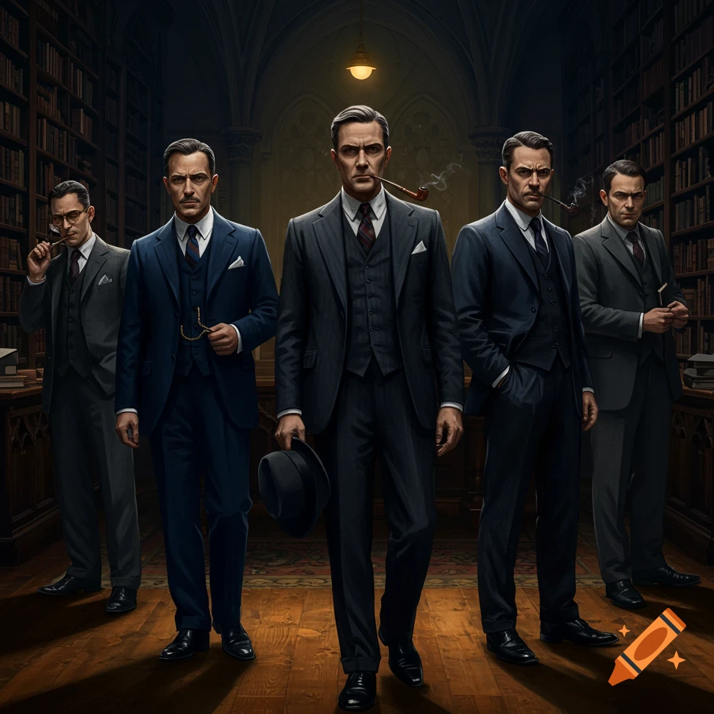 Five well-dressed men in suits standing in a dark, classic library setting, some holding pipes.