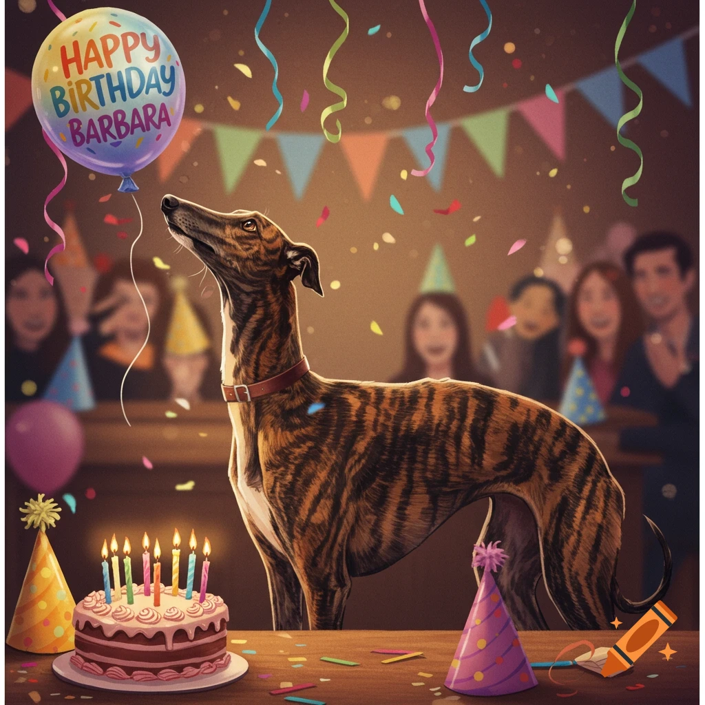 A brindle greyhound wearing a collar at a birthday party, looking up at a "Happy Birthday Barbara" balloon. A cake with lit candles and party hats are on the table, with blurred people in the background.