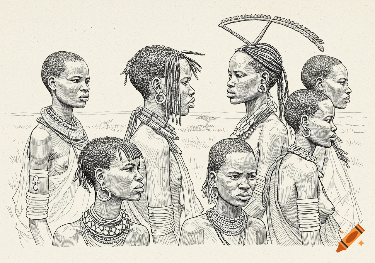 A line art illustration of several African women with traditional hairstyles and jewelry, standing in a group against a simple background.