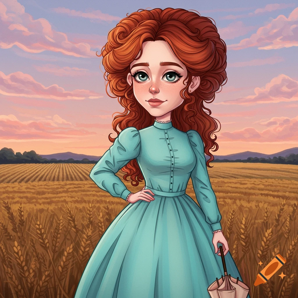 Cartoon woman with auburn hair in a blue historical dress stands in a golden field under a pastel sunset, holding an umbrella.