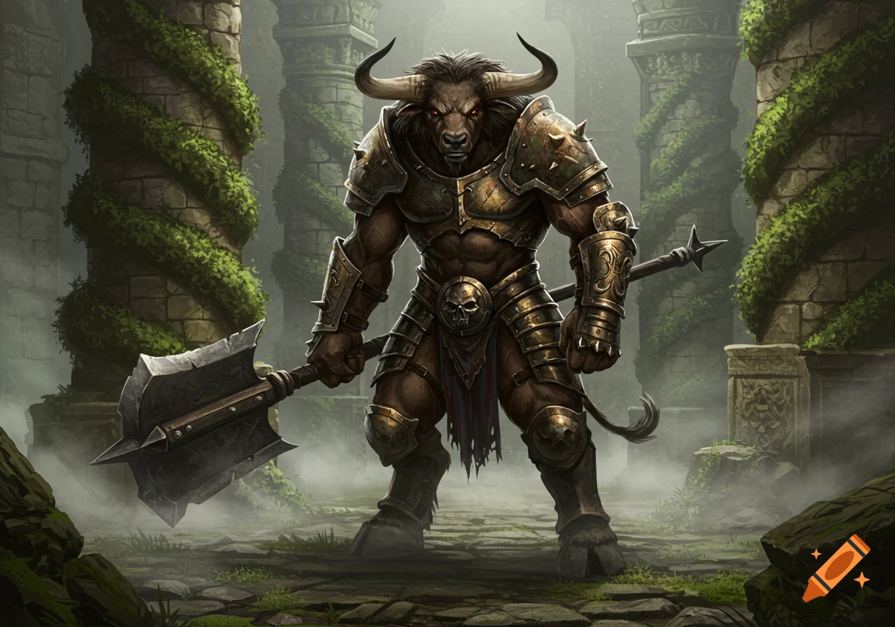 A powerful minotaur warrior in bronze armor stands holding a double-bladed axe in a misty ruin with overgrown pillars. Highly detailed fantasy art.