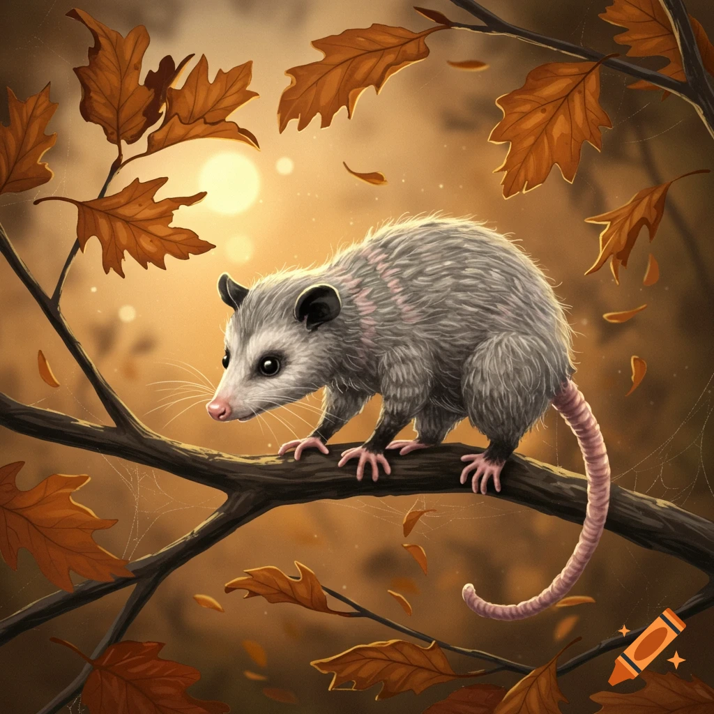 Stylized illustration of a possum perched on a tree branch amidst falling autumn leaves, with a bright sun in the background.