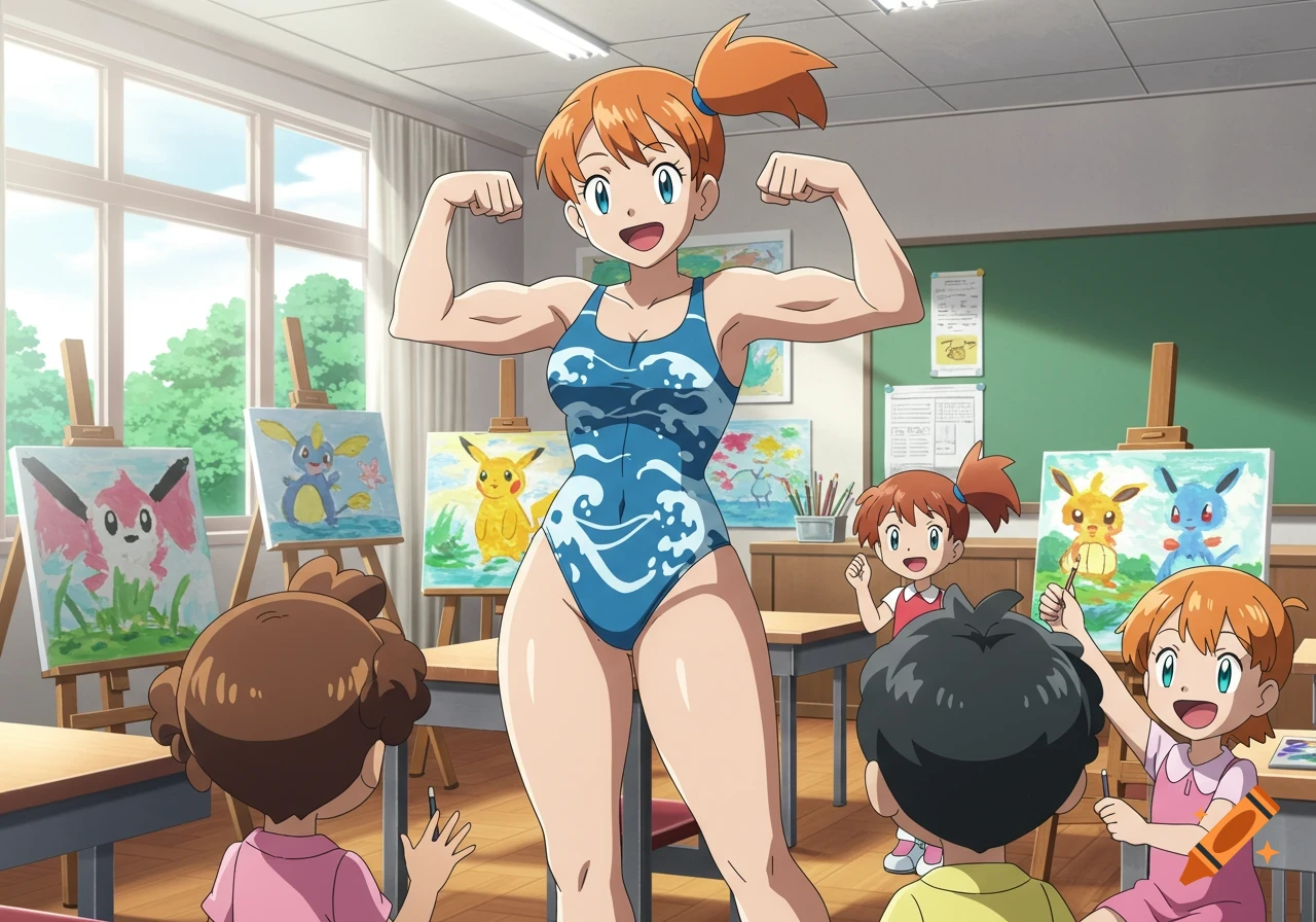 Misty from Pokémon in a blue swimsuit flexes her arms in an elementary school art class filled with smiling children and Pokemon paintings.