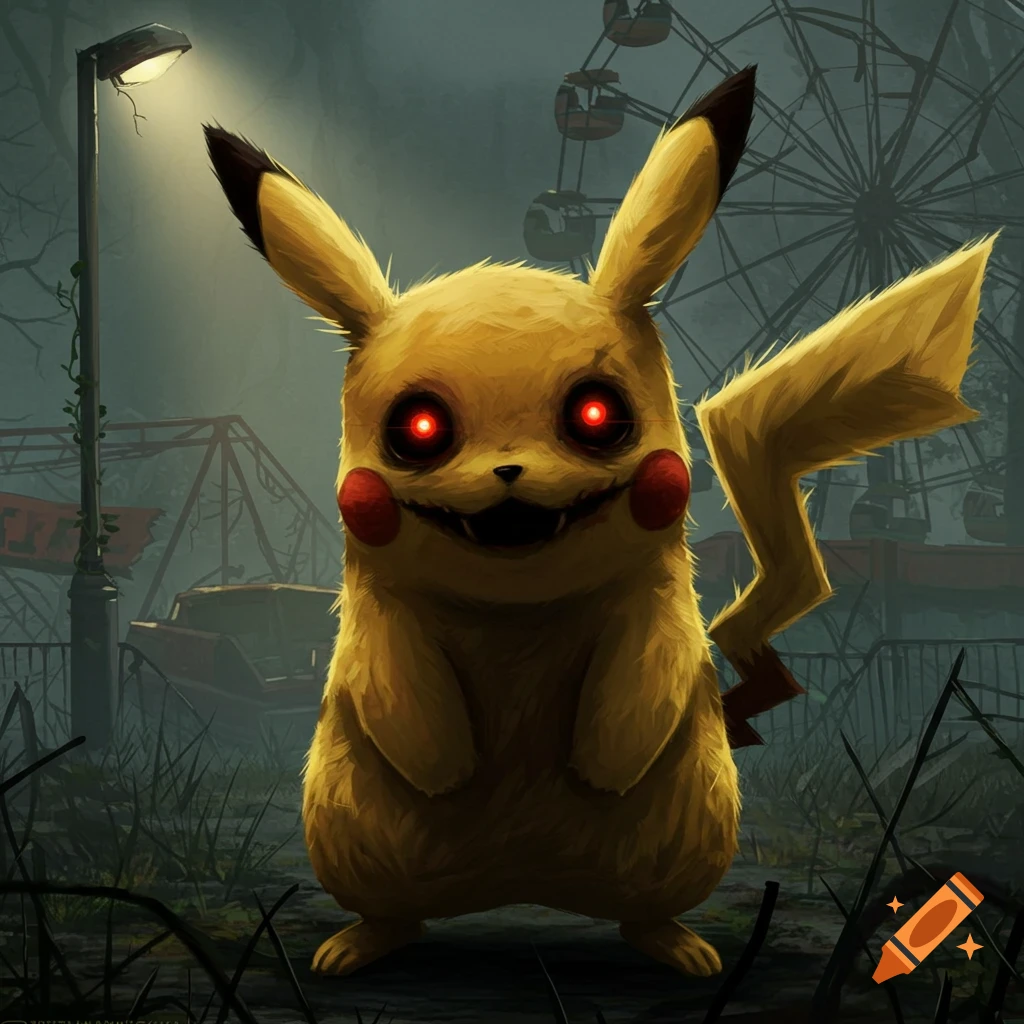 A creepy Pikachu with glowing red eyes and sharp teeth stands in a dark, overgrown amusement park with a Ferris wheel.