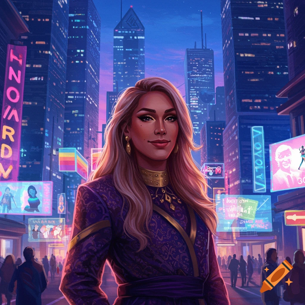A woman with long blonde hair, wearing a purple dress, stands in a vibrant neon-lit cyberpunk city at night. Digital art.