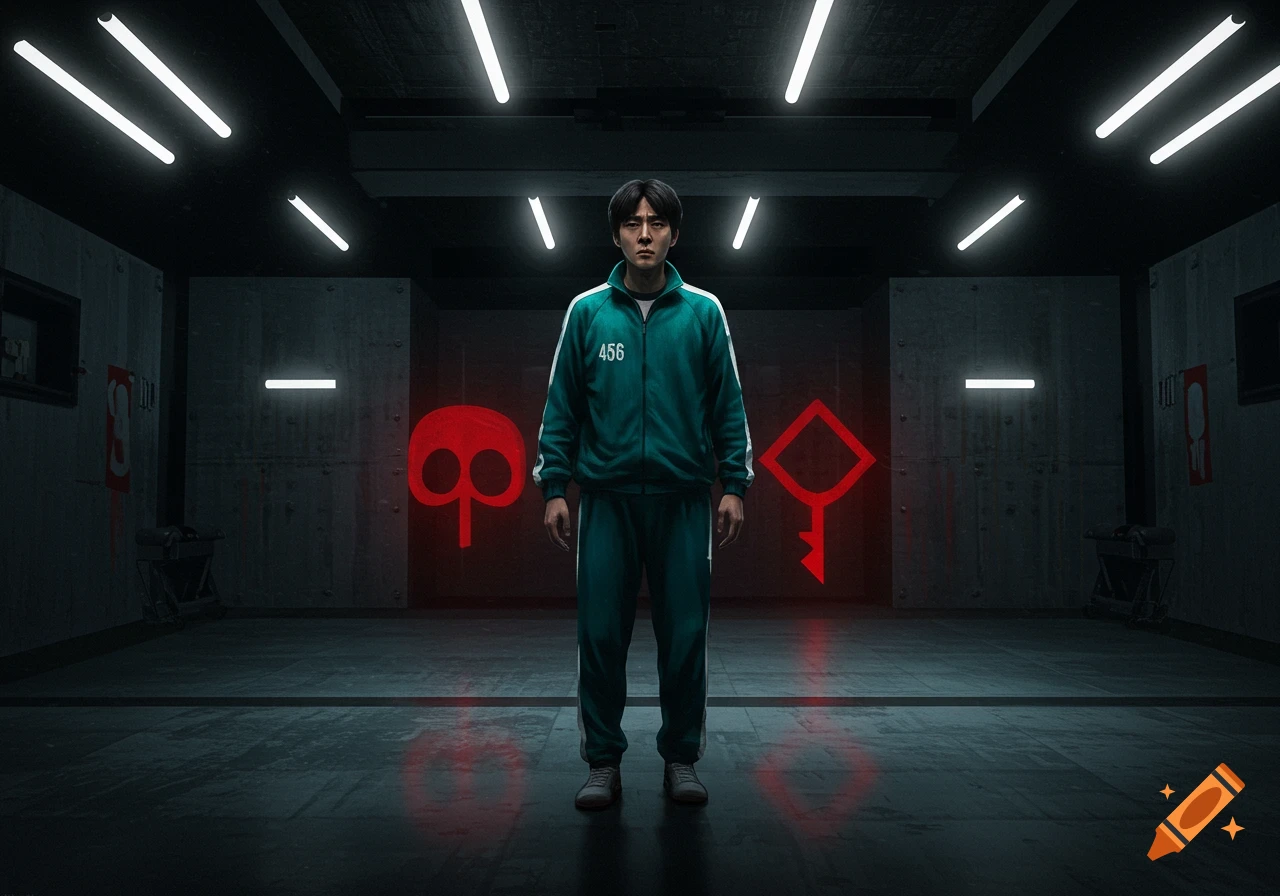 A man wearing a green tracksuit with '456' on it stands in a dimly lit concrete room with red symbols on the walls, in a photorealistic style.