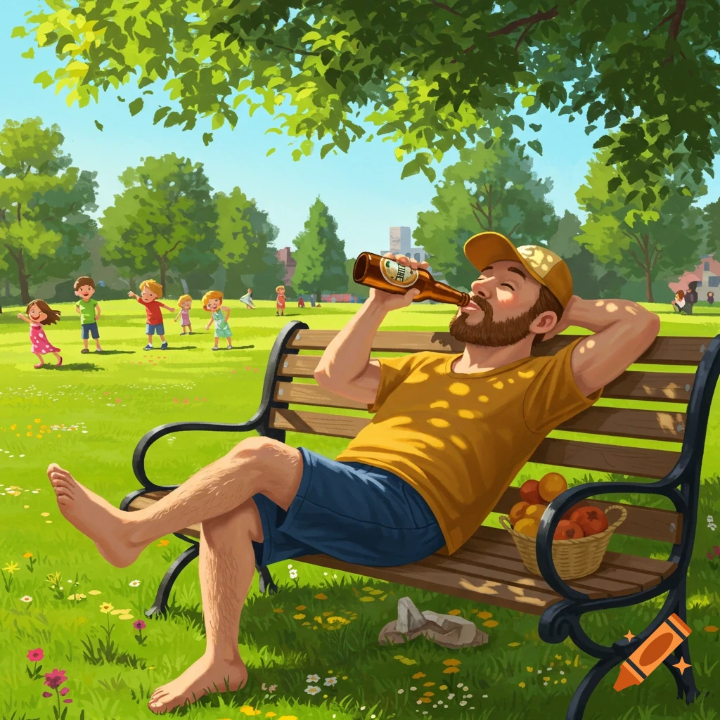An illustrated image of a bearded man relaxing on a park bench, drinking from a bottle, while children play in the sunny background.