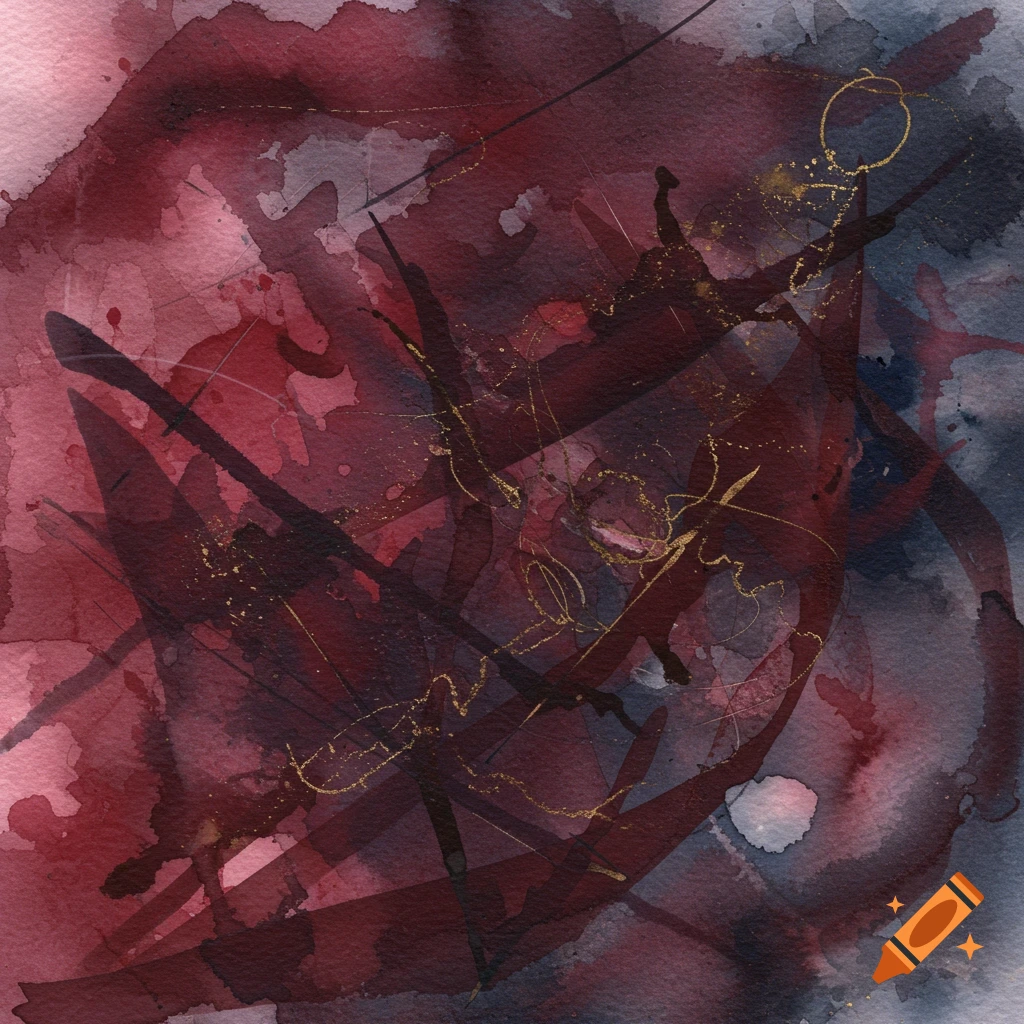 Abstract watercolor in deep reds, dark blues, and black, with dynamic gold splatters and lines.