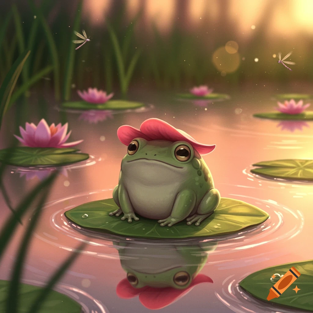 A cute cartoon frog with a pink petal hat sits on a lily pad in a pond at sunset, with dragonflies and water lilies.