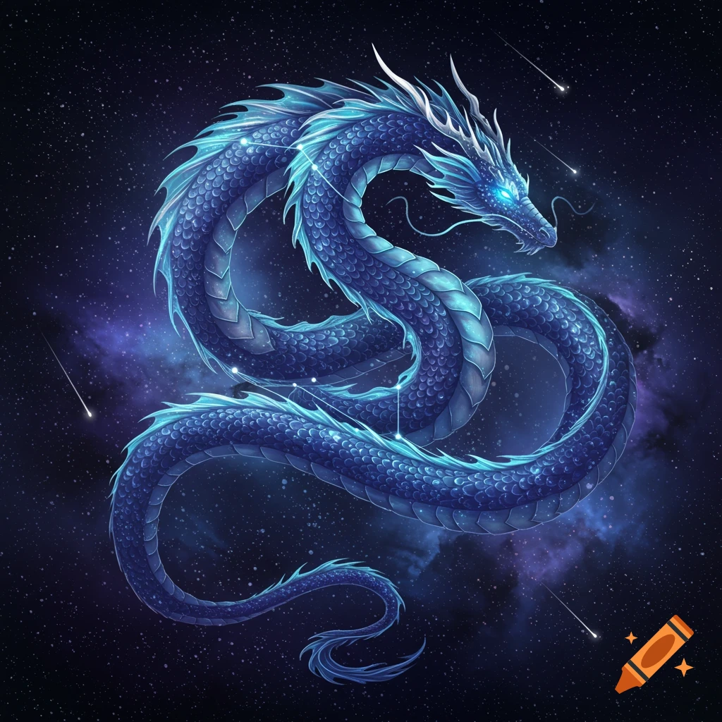 A majestic blue celestial dragon with glowing eyes, its body marked with constellation lines, floats amidst a starry nebula in deep space.