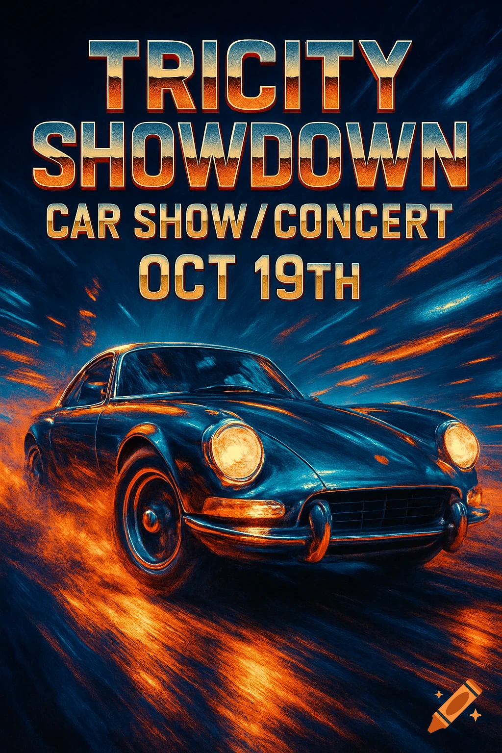 A dark blue classic sports car with glowing headlights and motion blur is central on a dark background with orange and blue streaks. Text reads 'TRICITY SHOWDOWN CAR SHOW/CONCERT OCT 19TH'.