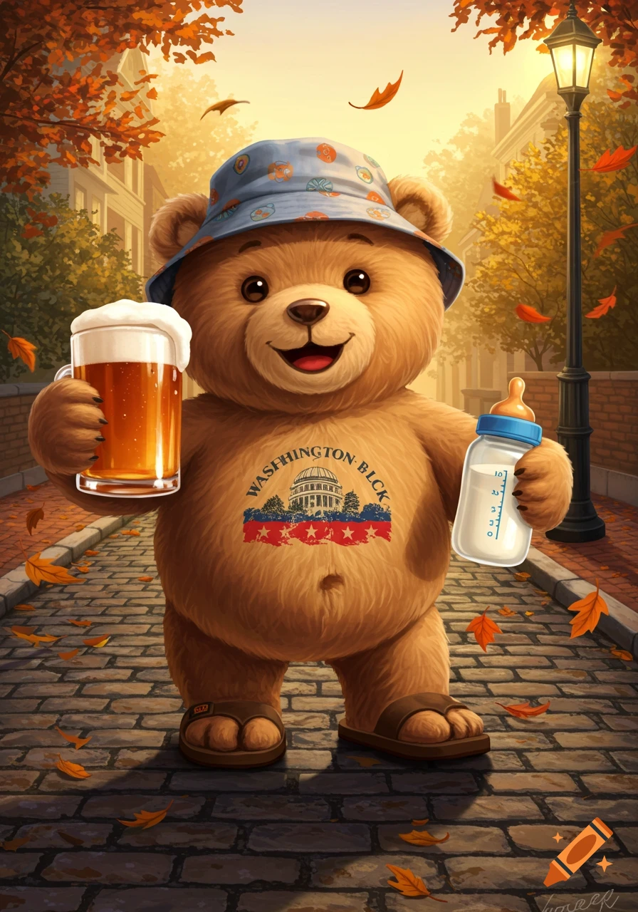 A happy teddy bear wearing a bucket hat and sandals walks on a cobblestone street, holding a beer and a baby bottle, with fall leaves around.
