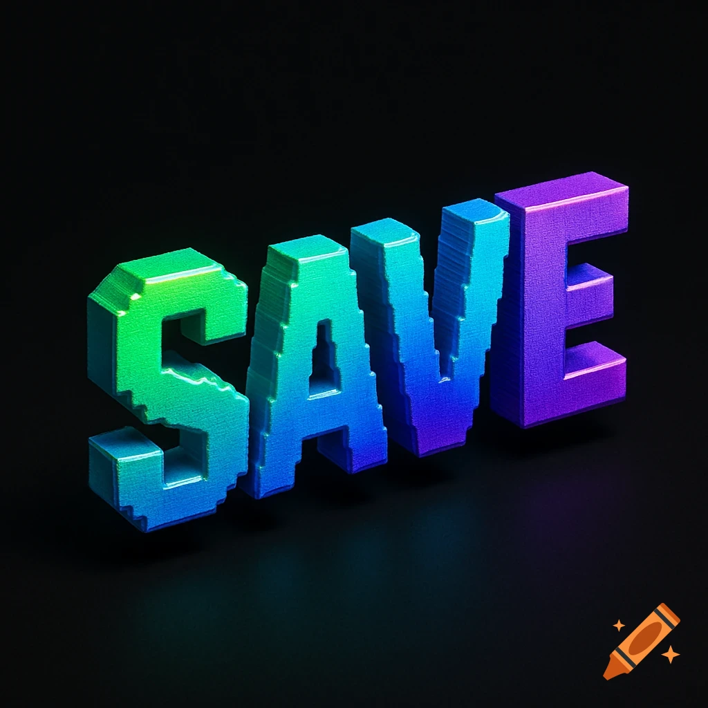 3D pixel art text reading 'SAVE' in green, blue, and purple on a black background.