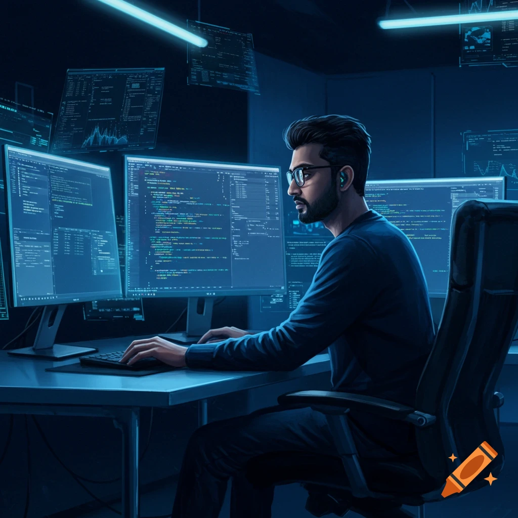 A man with glasses and a beard works at a computer with multiple glowing blue screens displaying code in a dark, futuristic room.