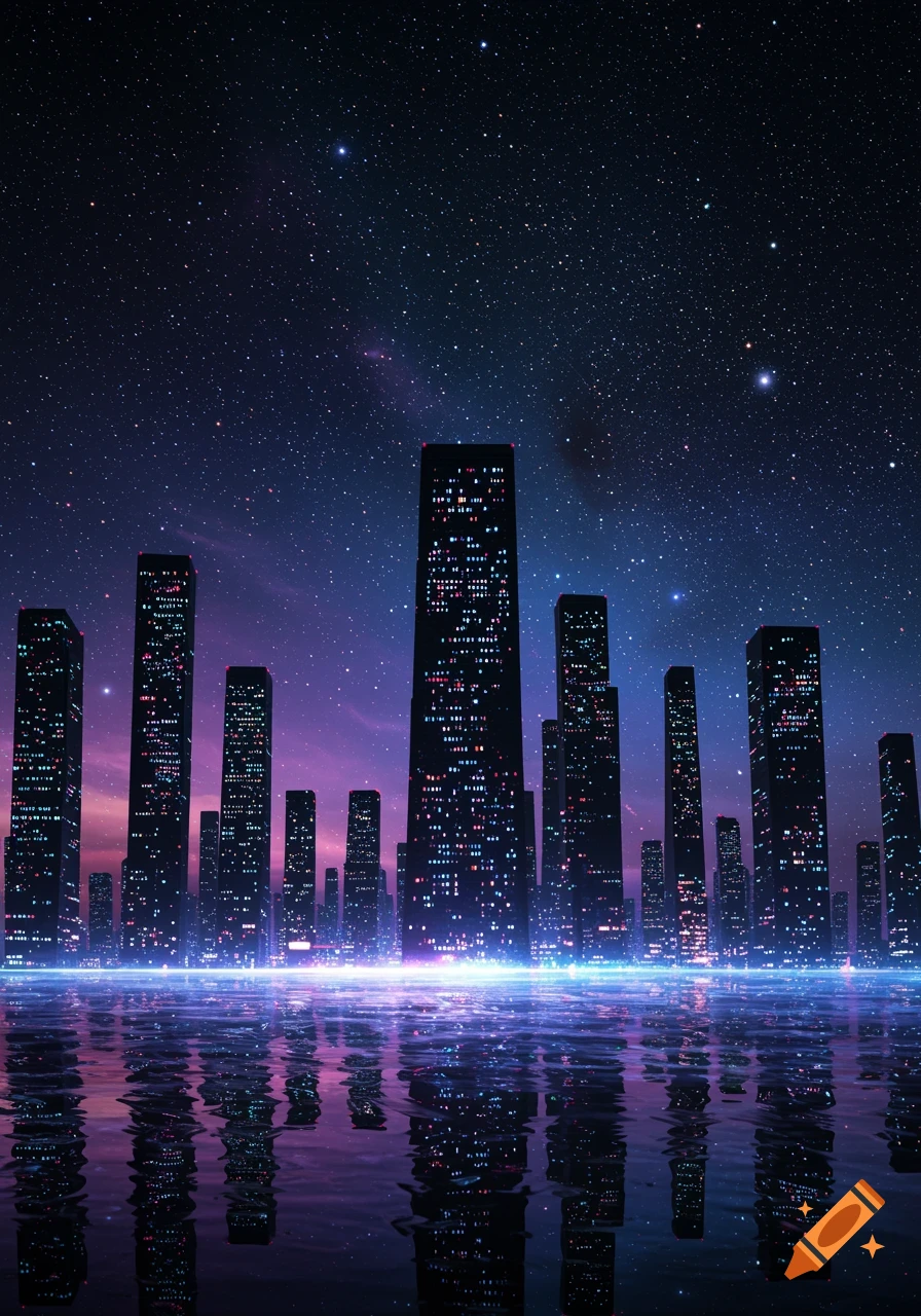 A futuristic cityscape with glowing skyscrapers reflected in water under a vibrant, starry night sky.
