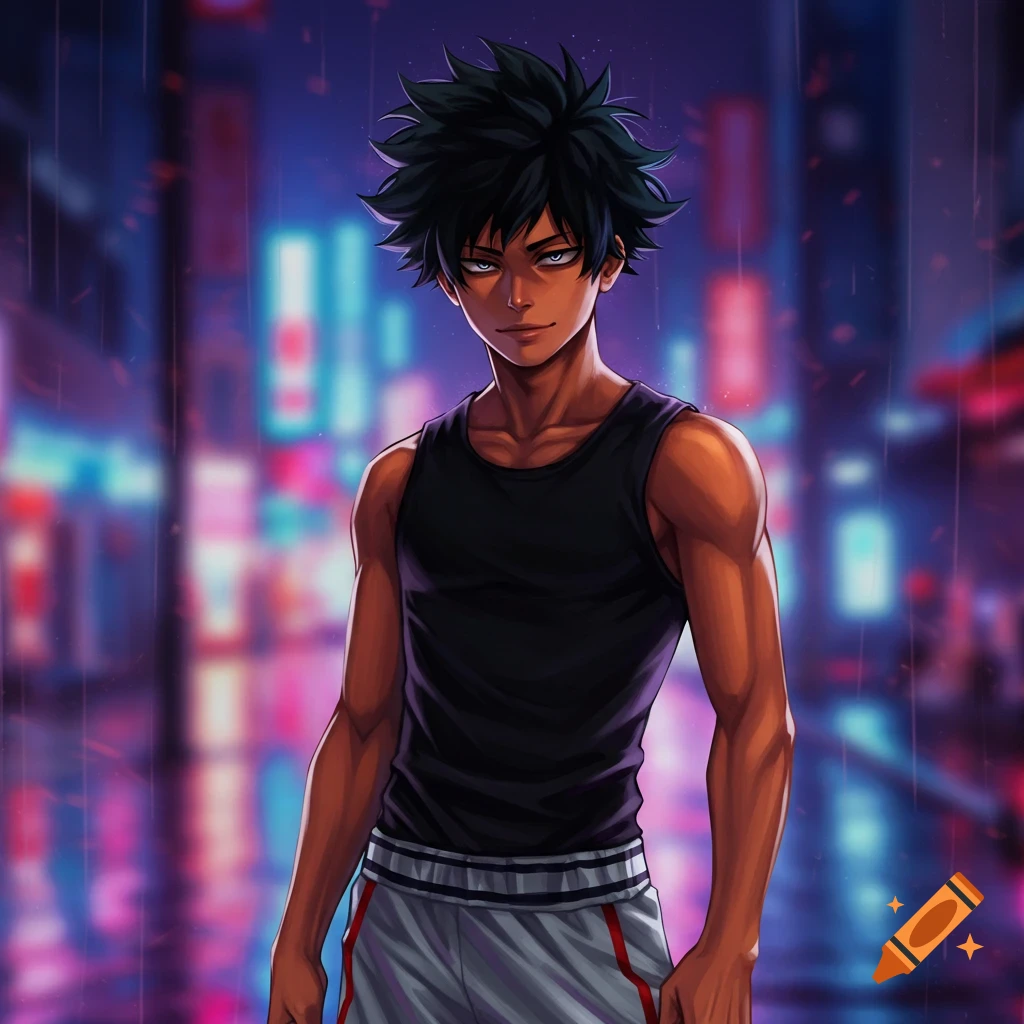 An anime-style young male with dark skin, black messy hair, and grey eyes, wearing a black tank top and white basketball shorts, stands in a blurred neon cityscape.