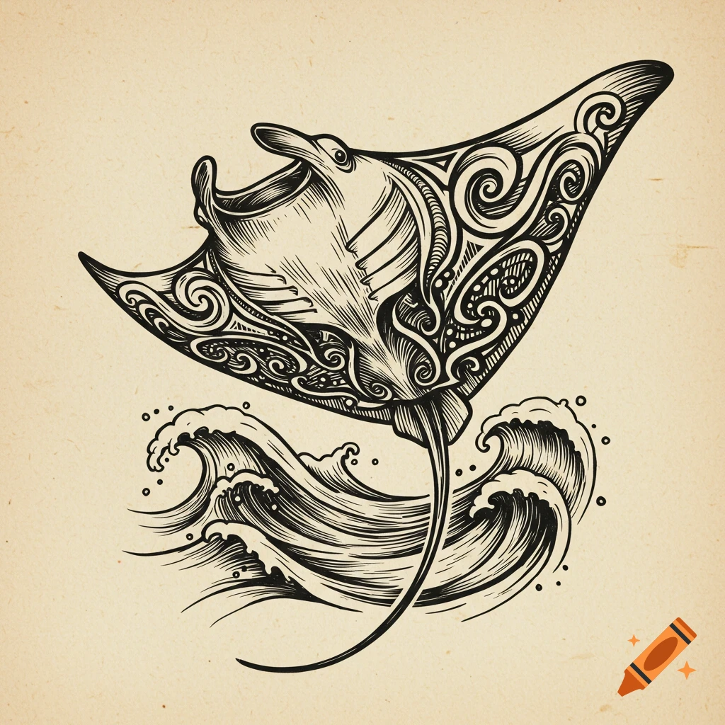 Black and white woodcut illustration of a manta ray with tribal patterns swimming above ocean waves on a vintage paper background.