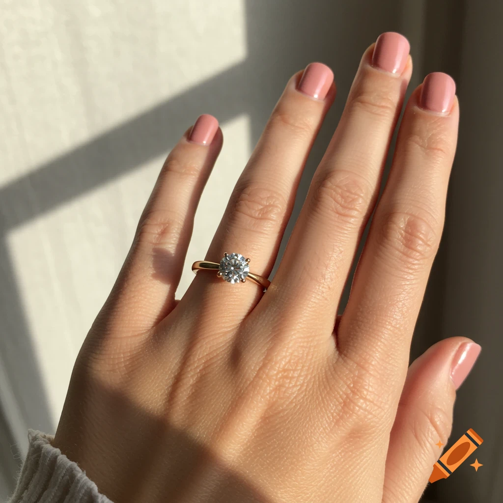 Close-up of a female hand with pink manicured nails wearing a gold engagement ring with a large diamond.