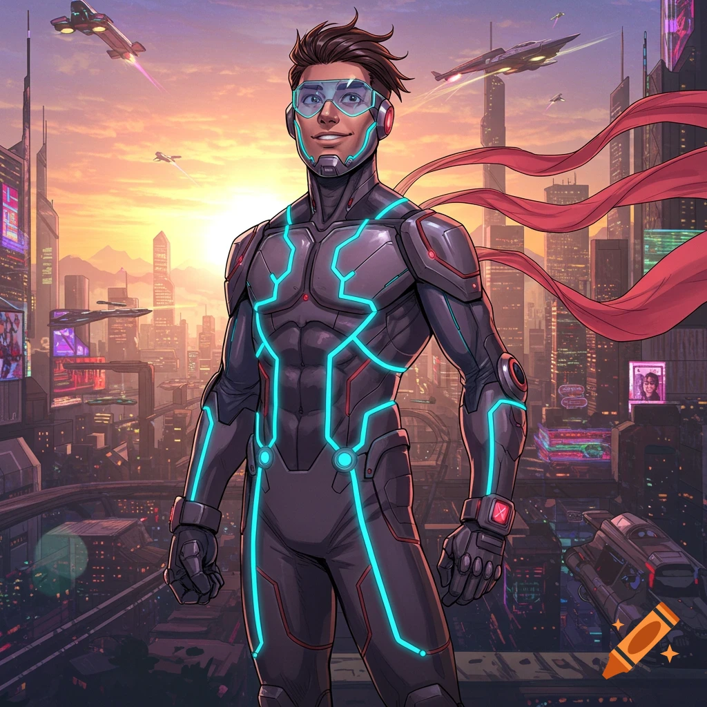 A male superhero in a black suit with glowing blue lines, blue visor, and red cape stands in a futuristic city at sunset.