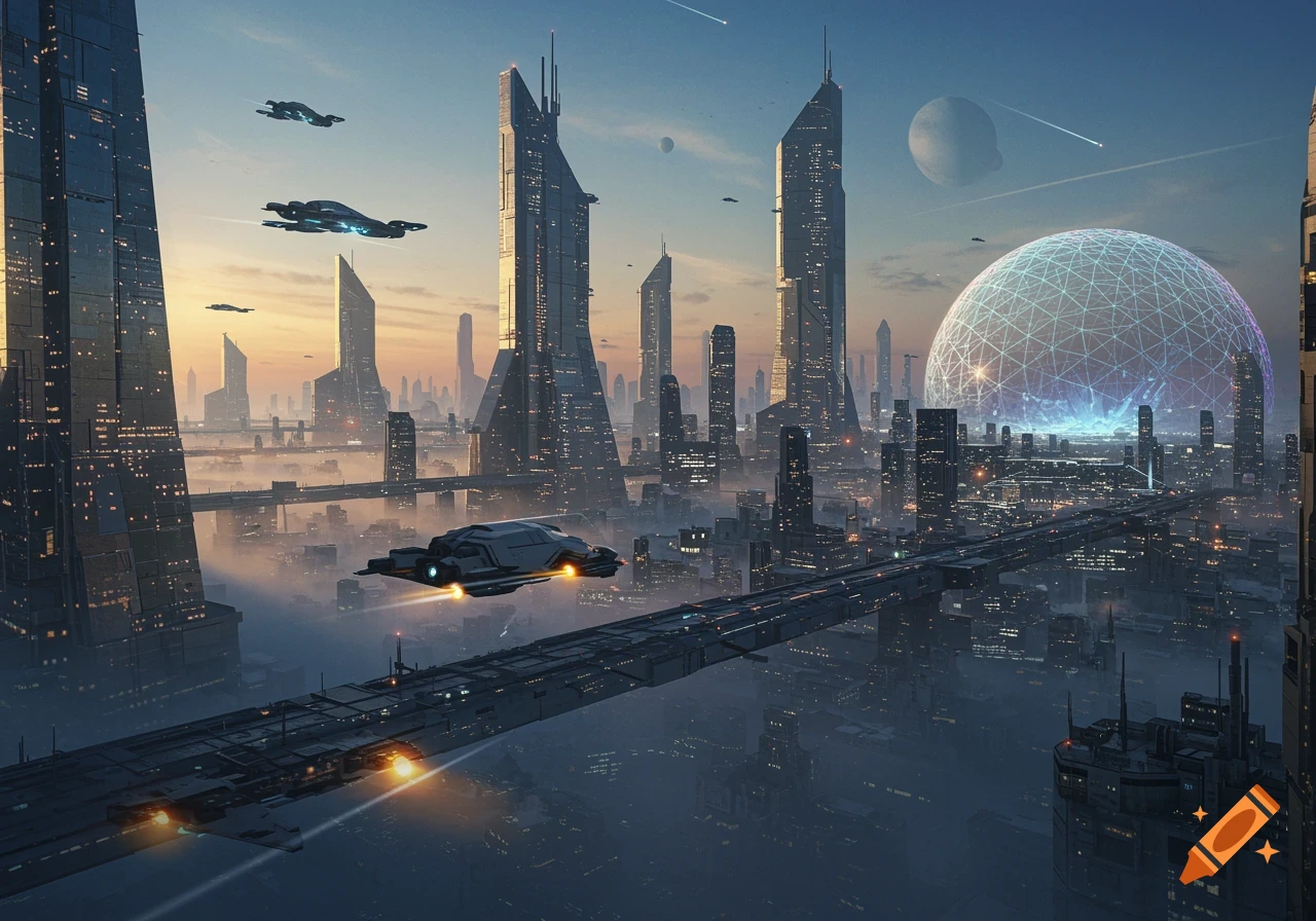 A futuristic cityscape with towering skyscrapers, flying vehicles, and a large geodesic dome under a twilight sky.