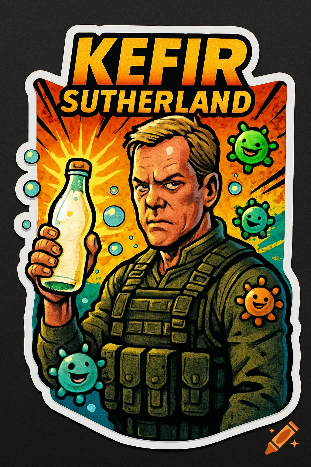 Comic book sticker of Kefir Sutherland, an action hero parody, holding a kefir bottle like a weapon, with bubbles and smiling microbes.