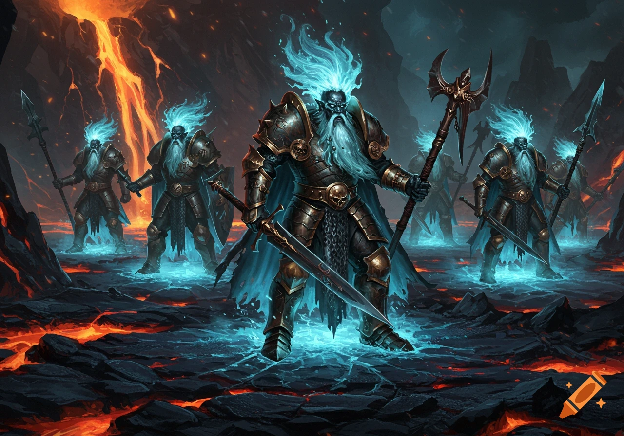 Armored fantasy warriors with glowing blue hair and beards stand on blue glowing ground in a fiery lava cave.