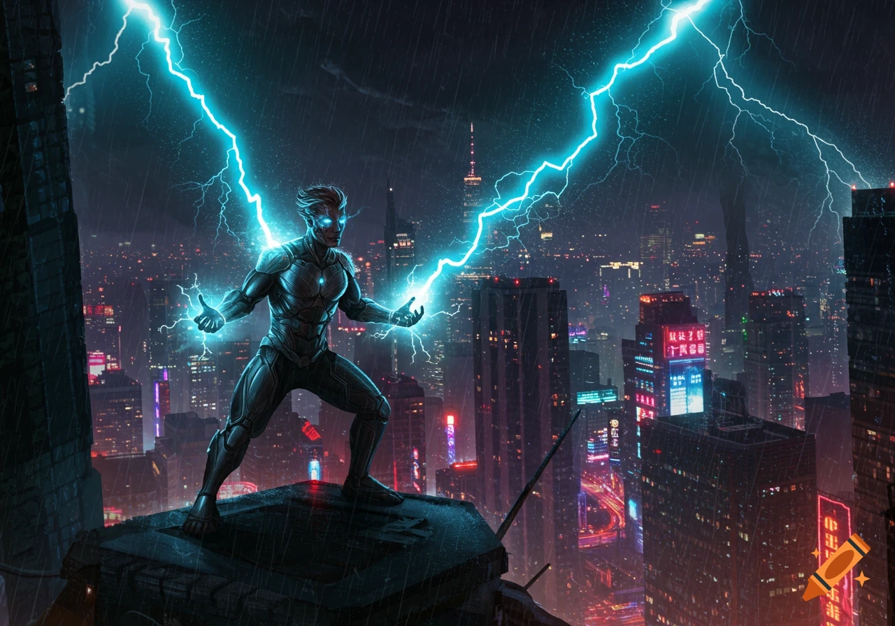 A superhero with electric powers stands on a skyscraper rooftop under a lightning storm in a futuristic city.