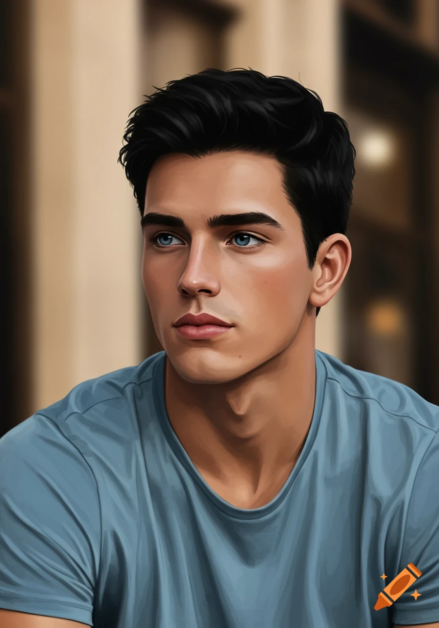 A digitally painted portrait of a young man with dark hair and blue eyes, wearing a blue t-shirt, looking left in thought.