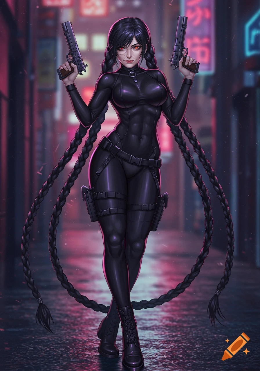 Full body anime woman in a black, form-fitting suit with long braids, holding two pistols in a neon-lit cyberpunk city.