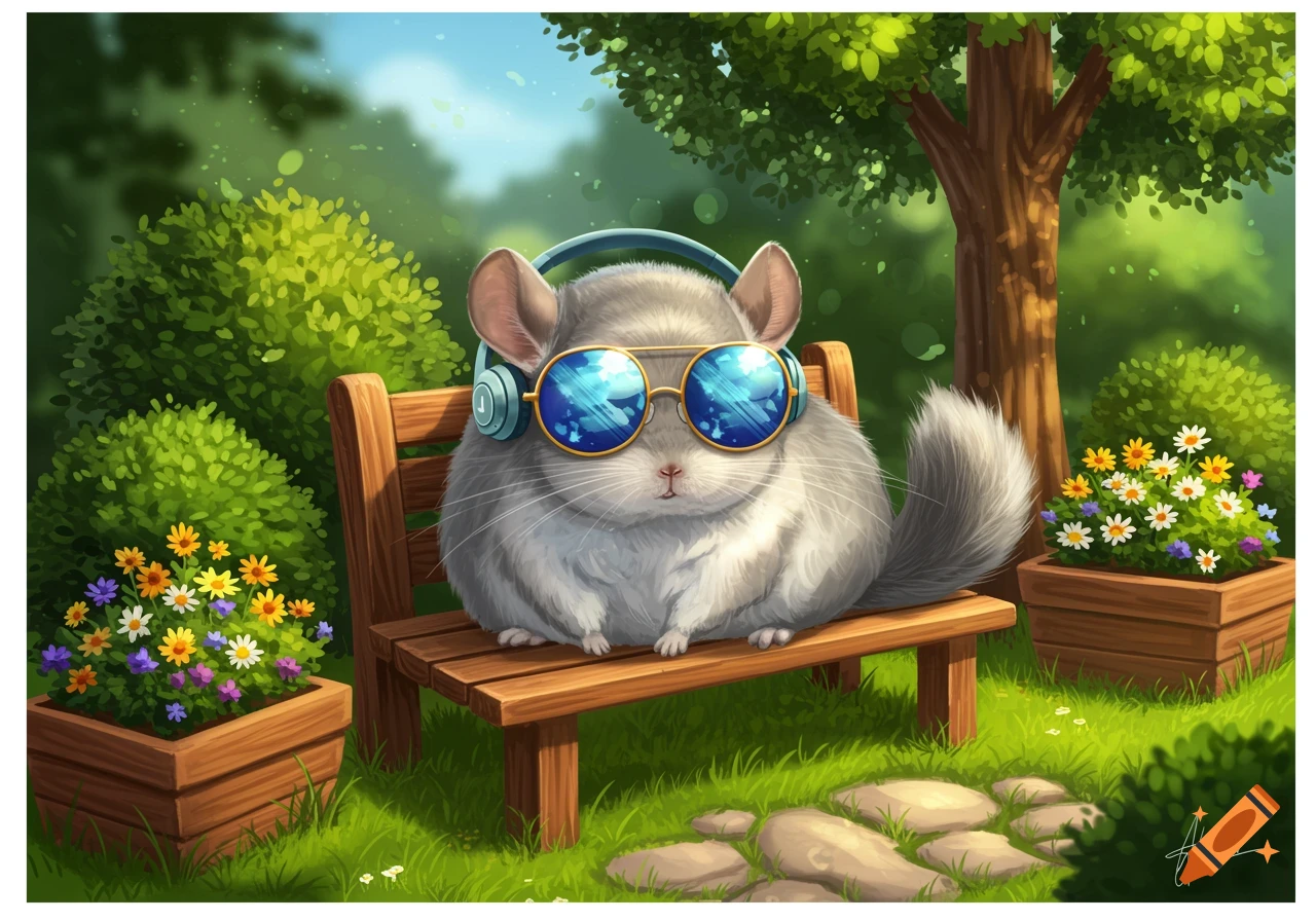 A cute fluffy chinchilla wearing blue sunglasses and headphones sits on a wooden bench in a sunny park with flowers and green bushes.